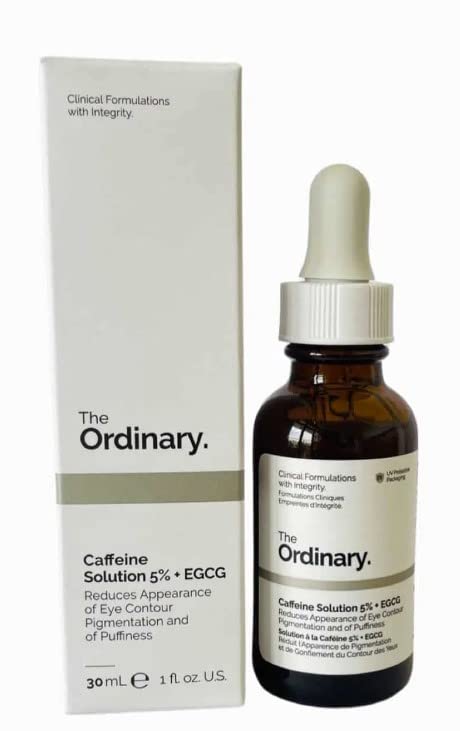 La solución ordinaria de cafeína 5% + EGCG (1.0 fl oz): reduce la apariencia de la pigmentación del contorno de ojos y la hinchazón