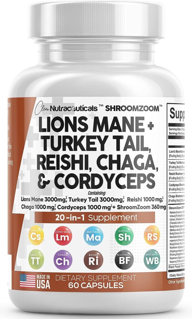 Lions Mane 3000 mg 20 en 1 Suplemento de hongo con cola de pavo 2000 mg Reishi 1000 mg Cordyceps 