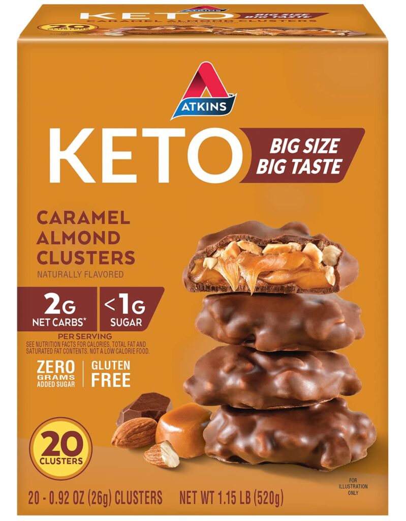Atkins Racimos de almendras de caramelo, sin gluten, altos en fibra, 0.04 oz de azúcar, 0.07 oz de carbohidratos netos, aptos para dieta cetogénica
