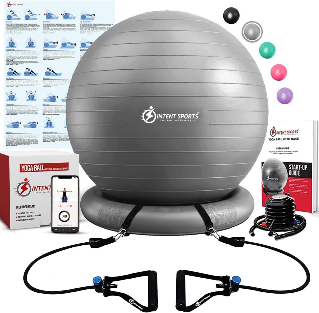 INTENT SPORTS Yoga Ball Chair – Stability Ball with Inflatable Stability Base & Resistance Bands, Fitness Ball for Home Gym, Office